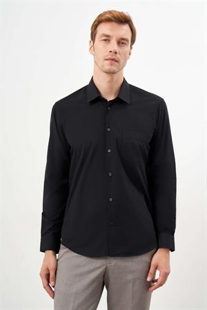 Morven Erkek Siyah Basic Düz Desen Cepli Sert Yaka Regular Fit Gömlek