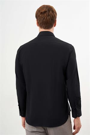 Morven Erkek Siyah Basic Düz Desen Cepli Sert Yaka Regular Fit Gömlek