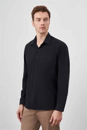 Morven Erkek Siyah Basic Düz Desen Cepli Sert Yaka Regular Fit Gömlek