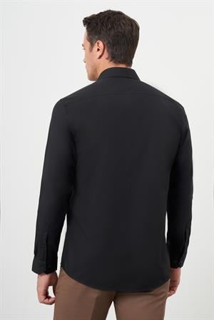 Morven Erkek Siyah Basic Düz Desen Cepli Sert Yaka Regular Fit Gömlek