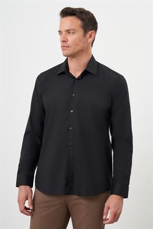 Morven Erkek Siyah Basic Düz Desen Cepli Sert Yaka Regular Fit Gömlek
