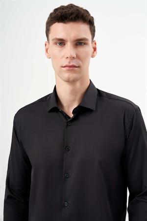 Morven Erkek Siyah Basic Düz Desen İtalyan Yaka Slim Fit Gömlek