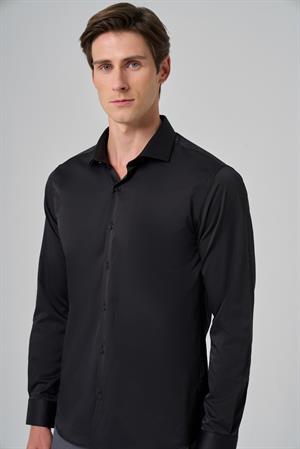 Morven Erkek Siyah Basic Düz Desen İtalyan Yaka Slim Fit Gömlek