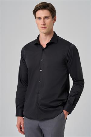 Morven Erkek Siyah Basic Düz Desen İtalyan Yaka Slim Fit Gömlek