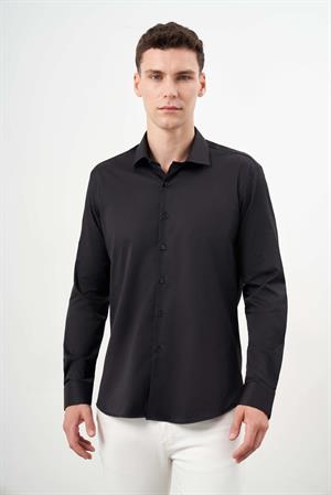 Morven Erkek Siyah Basic Düz Desen İtalyan Yaka Slim Fit Gömlek