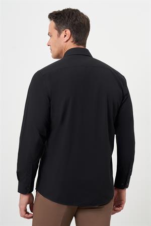 Morven Erkek Siyah Basic Düz Desen Sert Yaka Regular Fit Gömlek