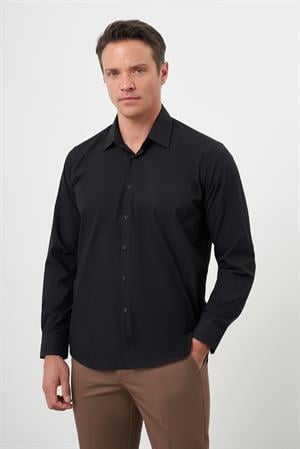 Morven Erkek Siyah Basic Düz Desen Sert Yaka Regular Fit Gömlek