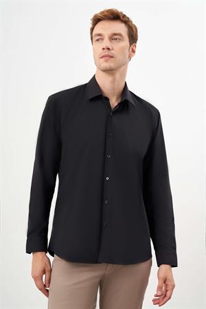 Morven Erkek Siyah Basic Düz Desen Sert Yaka Regular Fit Gömlek