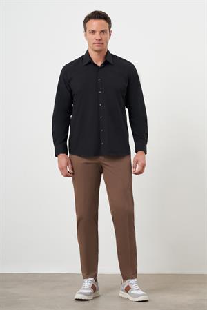 Morven Erkek Siyah Basic Düz Desen Sert Yaka Regular Fit Gömlek