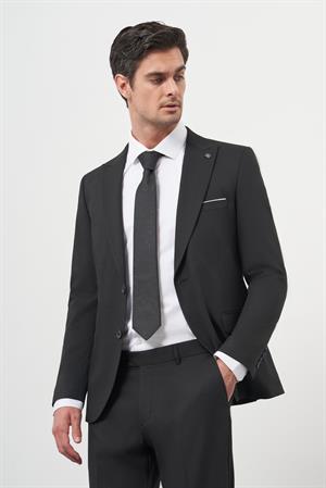 Morven Erkek Siyah Basic Jakar Desen Slim Fit Sivri Yaka Takım Elbise