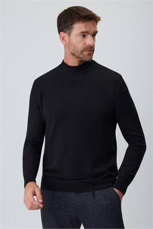 Morven Erkek Siyah Basic Yarım Balıkçı Yaka Dinamik Fit Triko