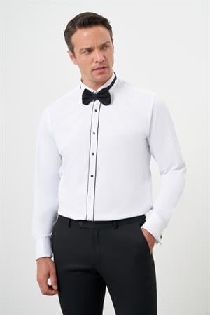 Morven Erkek Siyah Biyeli Düz Desen Ata Yaka Slim Fit Gömlek