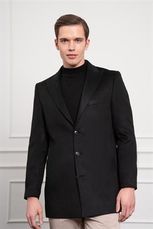 Morven Erkek Siyah Düz Sivri Yaka Dynamic Fit Kaban