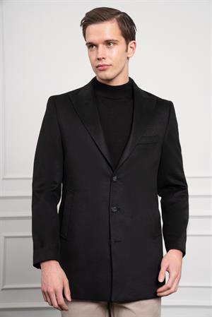 Morven Erkek Siyah Düz Sivri Yaka Dynamic Fit Kaban