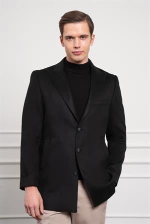 Morven Erkek Siyah Düz Sivri Yaka Dynamic Fit Kaban