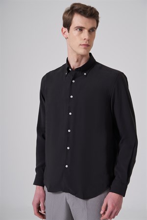 Morven Erkek Siyah Dynamic Fit Düğmeli Yaka Gömlek Modal