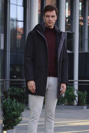 Morven Erkek Siyah Flora Çıtçıtlı Kapüşonlu Dynamic Fit Rahat Kesim Mont