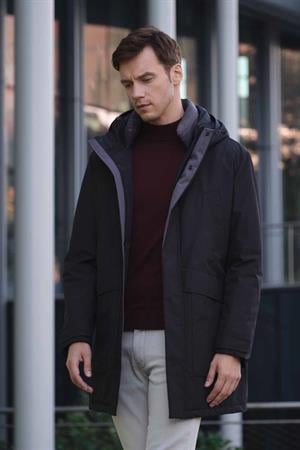 Morven Erkek Siyah Flora Çıtçıtlı Kapüşonlu Dynamic Fit Rahat Kesim Mont