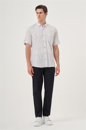 Morven Erkek Siyah Keten Trend Regular Fit Düğmeli Yaka Kısa Kol Gömlek