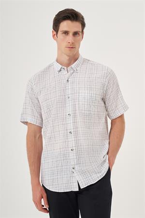 Morven Erkek Siyah Keten Trend Regular Fit Düğmeli Yaka Kısa Kol Gömlek