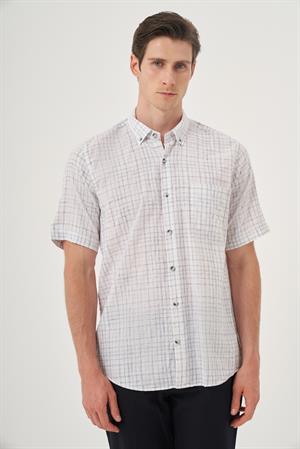 Morven Erkek Siyah Keten Trend Regular Fit Düğmeli Yaka Kısa Kol Gömlek