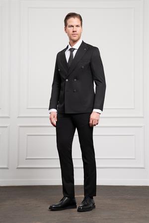 Morven Erkek Siyah Kruvaze Slim Fit Sivri Yaka Takım Elbise