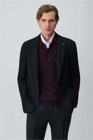 Morven Erkek Siyah Örme Trend Desenli Slim Fit Mono Yaka Ceket