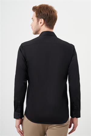 Morven Erkek Siyah Pamuk Düz Desen İtalyan Yaka Slim Fit  Gömlek