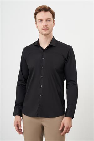 Morven Erkek Siyah Pamuk Düz Desen İtalyan Yaka Slim Fit  Gömlek
