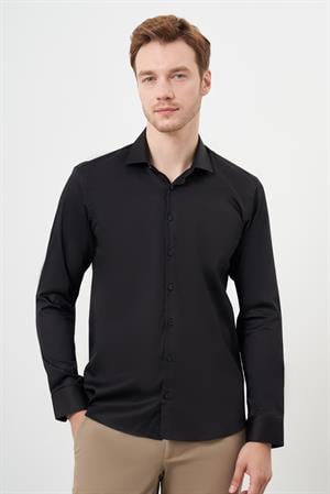 Morven Erkek Siyah Pamuk Düz Desen İtalyan Yaka Slim Fit  Gömlek