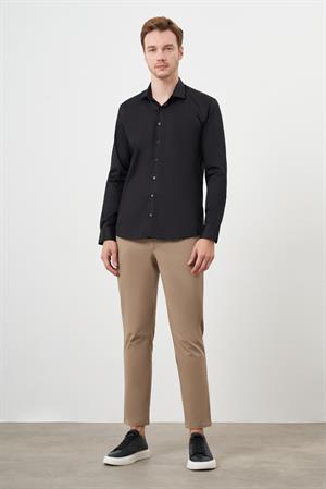 Morven Erkek Siyah Pamuk Düz Desen İtalyan Yaka Slim Fit  Gömlek