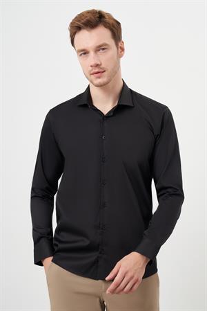 Morven Erkek Siyah Pamuk Düz Desen İtalyan Yaka Slim Fit  Gömlek