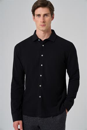 Morven Erkek Siyah Pamuk Trend Ağaç Kabuğu Desen Dinamik Fit İtalyan Yaka Gömlek