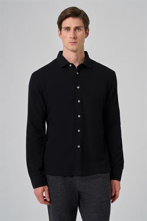 Morven Erkek Siyah Pamuk Trend Ağaç Kabuğu Desen Dinamik Fit İtalyan Yaka Gömlek