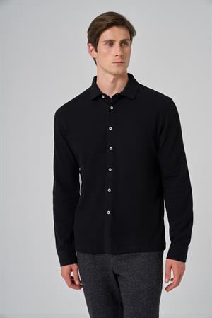 Morven Erkek Siyah Pamuk Trend Ağaç Kabuğu Desen Dinamik Fit İtalyan Yaka Gömlek