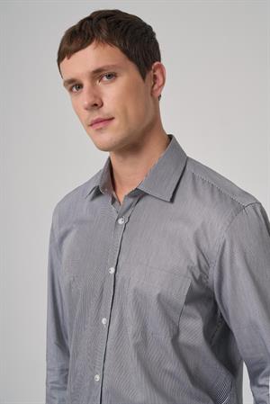 Morven Erkek Siyah Pamuk Trend Çizgili Regular Fit Sert Yaka Gömlek