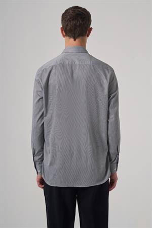 Morven Erkek Siyah Pamuk Trend Çizgili Regular Fit Sert Yaka Gömlek