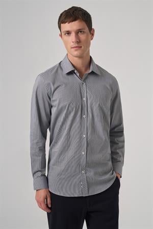 Morven Erkek Siyah Pamuk Trend Çizgili Regular Fit Sert Yaka Gömlek
