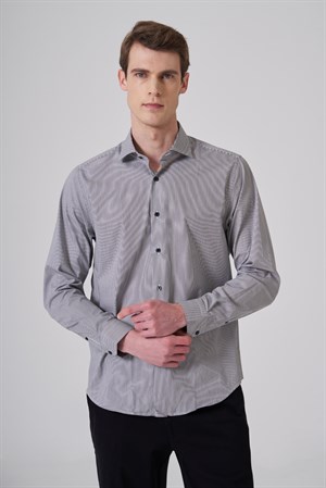 Morven Erkek Siyah Pamuk Trend Çizgili Dynamic Fit İtalyan Yaka Gömlek