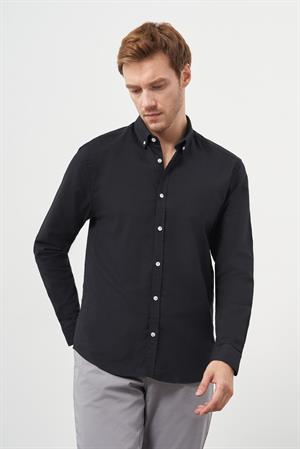 Morven Erkek Siyah Pamuk Trend Düğmeli Yaka Dynamic Fit Gömlek