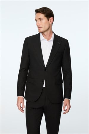 Morven Erkek Siyah Poliviskon Basic Düz Slim Fit Sivri Yaka Takım Elbise