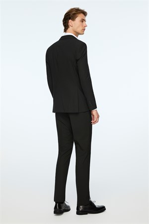 Morven Erkek Siyah Poliviskon Basic Düz Slim Fit Sivri Yaka Takım Elbise