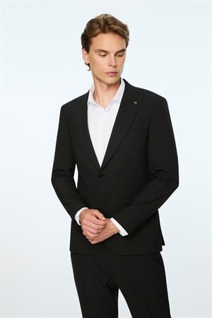 Morven Erkek Siyah Poliviskon Basic Düz Slim Fit Sivri Yaka Takım Elbise