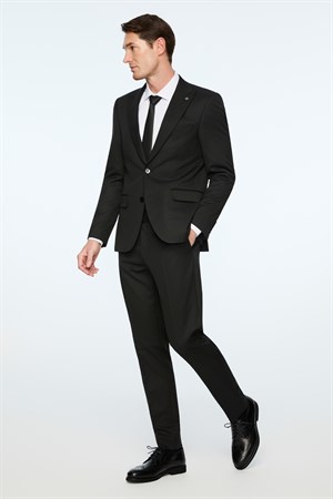 Morven Erkek Siyah Poliviskon Basic Düz Slim Fit Sivri Yaka Takım Elbise