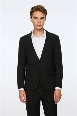 Morven Erkek Siyah Poliviskon Basic Düz Slim Fit Sivri Yaka Takım Elbise