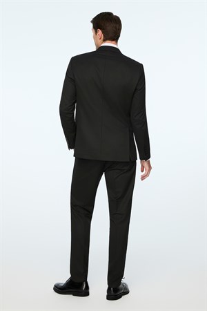 Morven Erkek Siyah Poliviskon Basic Düz Slim Fit Sivri Yaka Takım Elbise