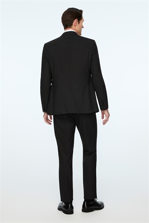 Morven Erkek Siyah Poliviskon Basic Düz Slim Fit Sivri Yaka Takım Elbise