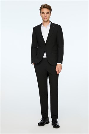 Morven Erkek Siyah Poliviskon Basic Düz Slim Fit Sivri Yaka Takım Elbise