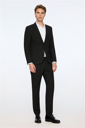 Morven Erkek Siyah Poliviskon Basic Düz Slim Fit Sivri Yaka Takım Elbise