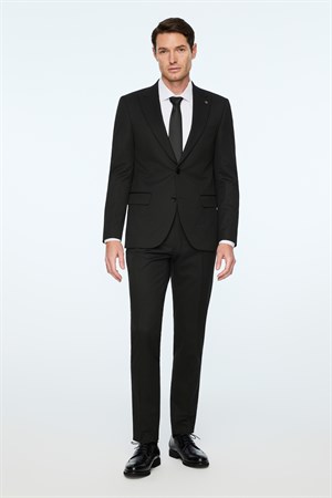 Morven Erkek Siyah Poliviskon Basic Düz Slim Fit Sivri Yaka Takım Elbise